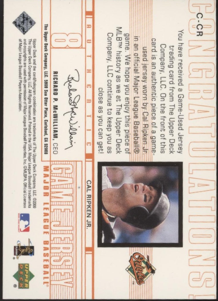 Cal Ripken Jr. 2000 Upper Deck Game Jerseys Swatch #C-CR
