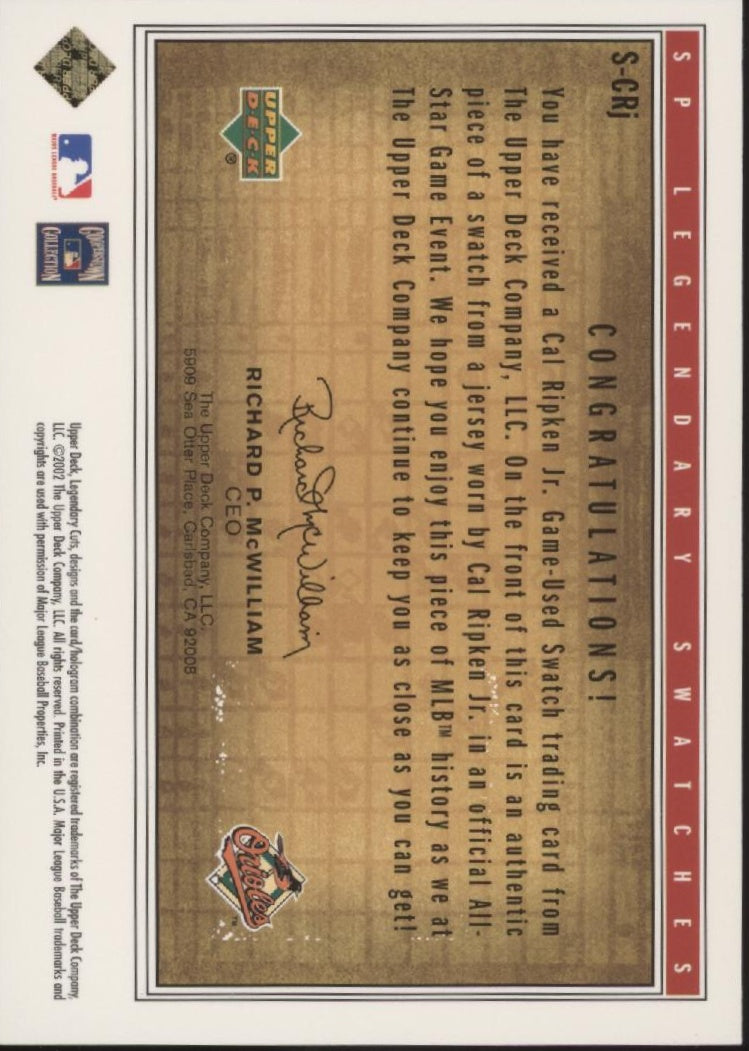 Cal Ripken Jr. 2002 Upper Deck SP Legendary Cuts Swatch #S-CRJ