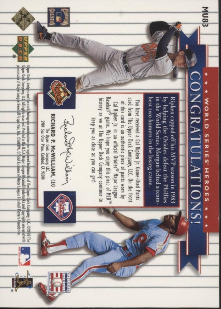 Cal Ripken Jr. / Joe Morgan 2002 Upper Deck Classic World Series Matchups Swatch
