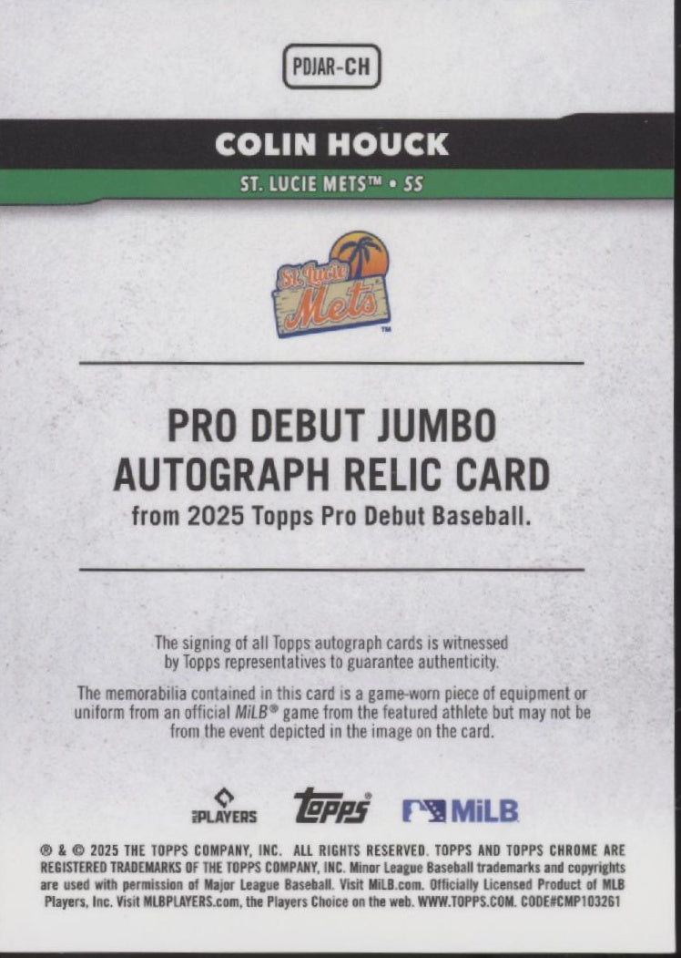 Colin Houck 2025 Topps Chrome Pro Debut Jumbo Swatch Auto 096/200 #PDJAR-CH