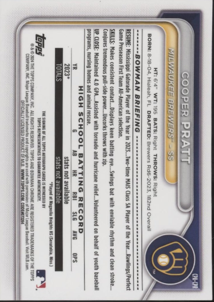 Cooper Pratt 2024 Bowman Chrome Auto #CPA-CPR