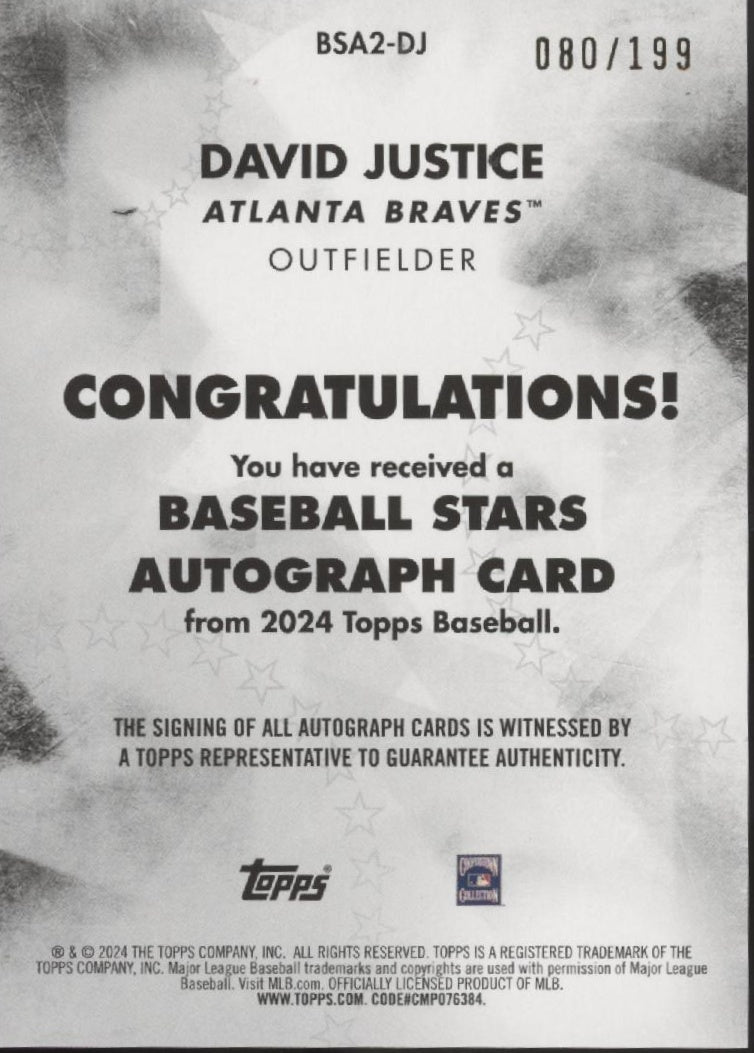 David Justice 2024 Topps Series 2 Black Auto 080/199 #BSA2-DJ