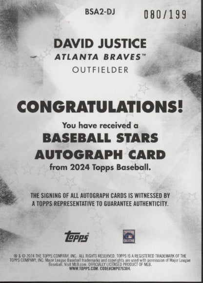 David Justice 2024 Topps Series 2 Black Auto 080/199 #BSA2-DJ
