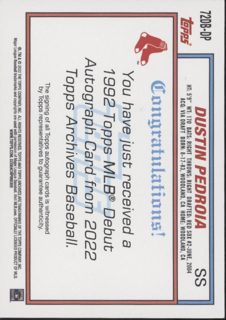 Dustin Pedroia 2022 Topps Archives '92 MLB Debut Auto #72DB-DP