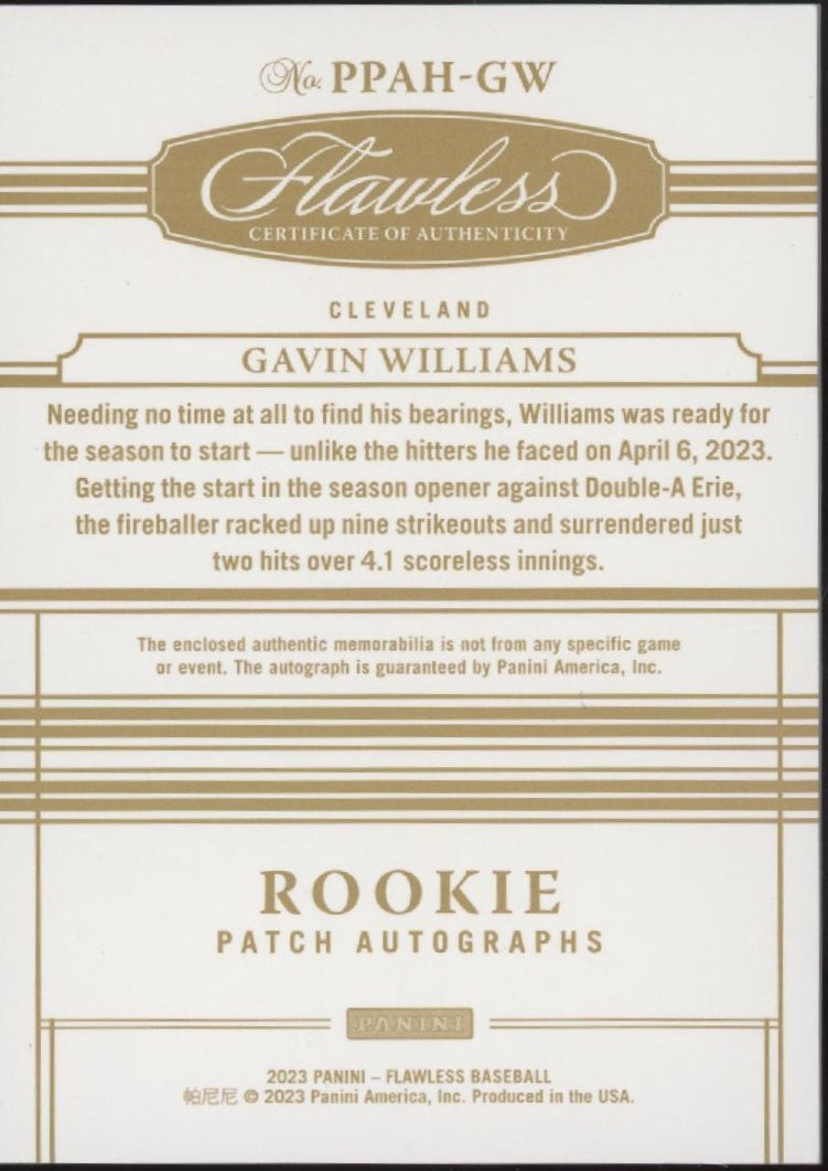 Gavin Williams 2023 Panini Flawless Red Swatch RC Auto 04/20 #PPAH-GW