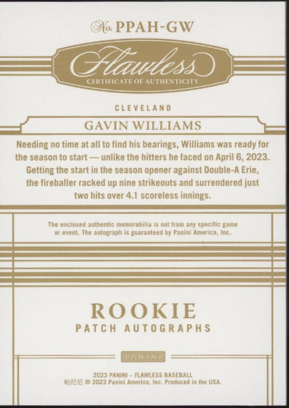 Gavin Williams 2023 Panini Flawless Red Swatch RC Auto 04/20 #PPAH-GW