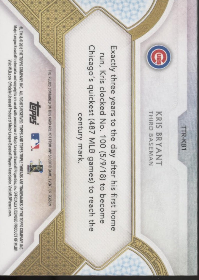Kris Bryant 2018 Topps Triple Threads Sapphire Swatch 3/3 #TTR-KB1