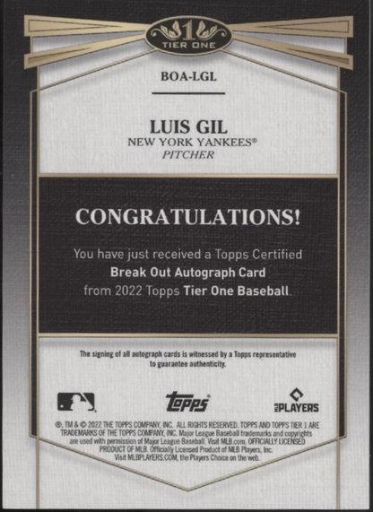 Luis Gil 2022 Topps Tier One RC Auto 059/299 #BOA-LGL
