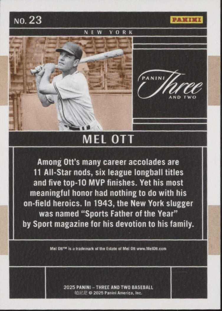 Mel Ott 2025 Panini Three & Two Gold Foil 02/10 #23