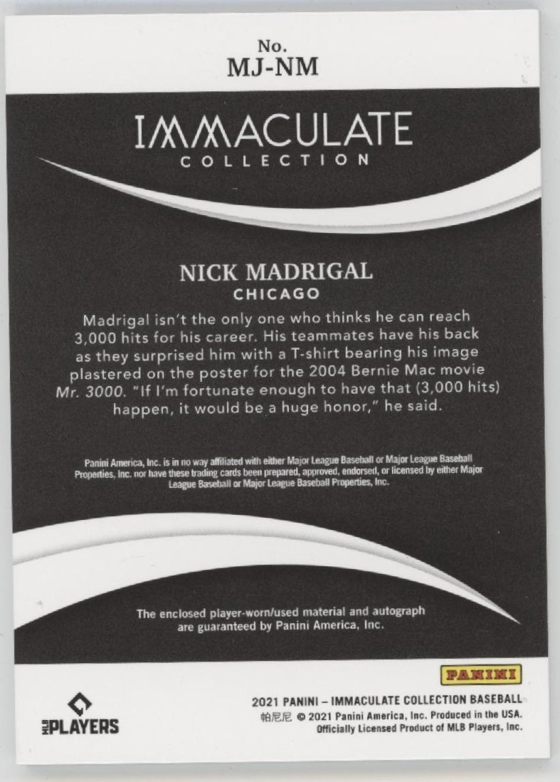 Nick Madrigal 2021 Panini Immaculate Collection Swatch RC Auto 04/25 #MJ-NM