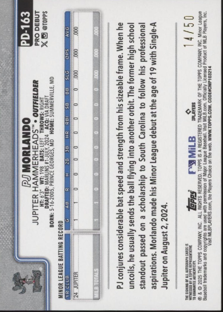 PJ Morlando 2025 Topps Pro Debut Gold Foil Auto 14/50 #PD-163