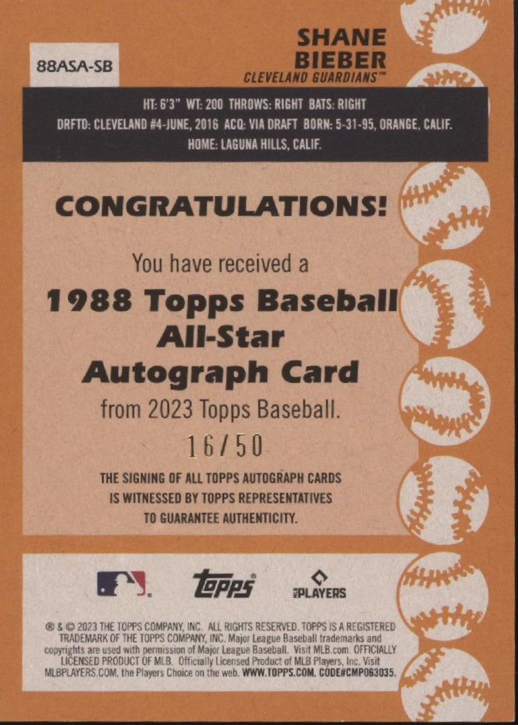 Shane Bieber 2023 Topps 35th Anniversary '88 All-Star Black Border Auto 16/50