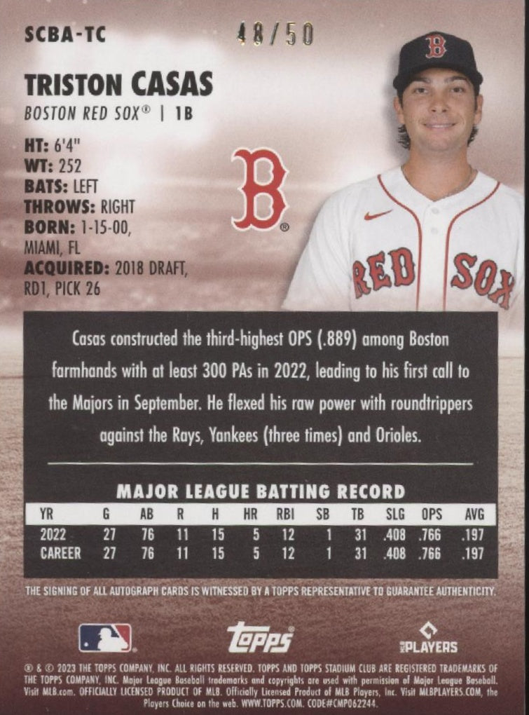 Triston Casas 2023 Topps Stadium Club Red RC Auto 48/50 #SCBA-TC