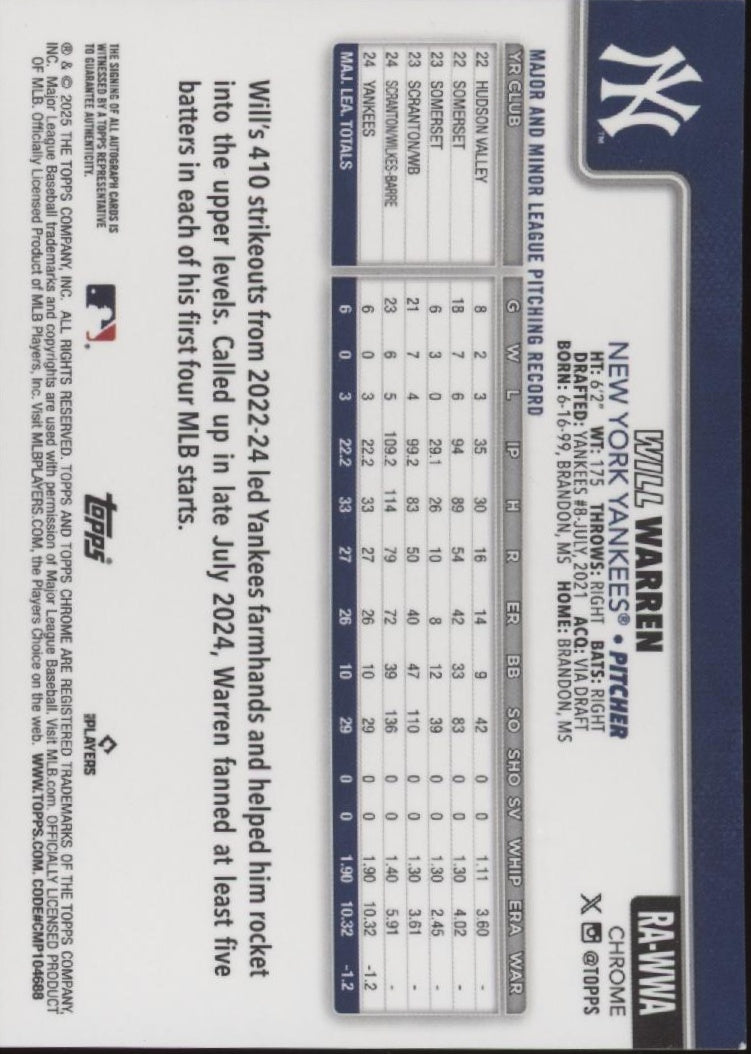 Will Warren 2025 Topps Chrome Auto #RA-WWA