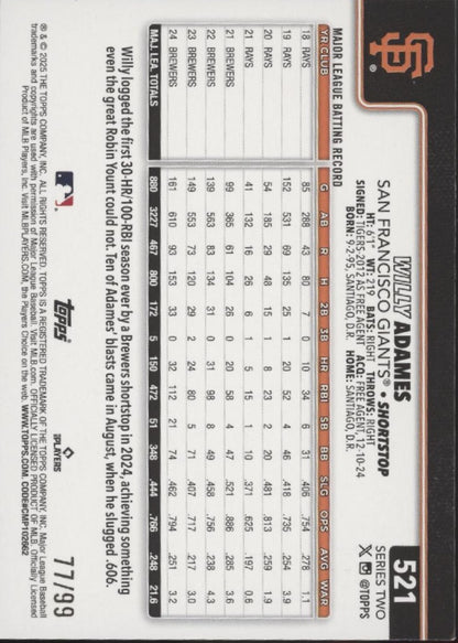 Willy Adames 2025 Topps Series 2 Value Box Holiday Hot Dog Foil 77/99 #521