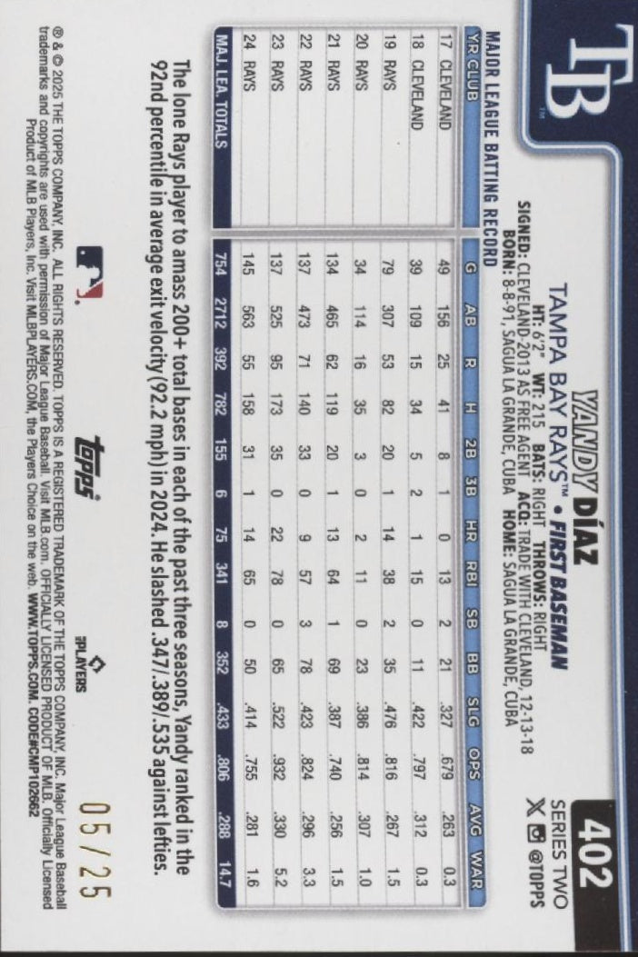 Yandy Diaz 2025 Topps Series 2 Wooden Card 05/25 #402