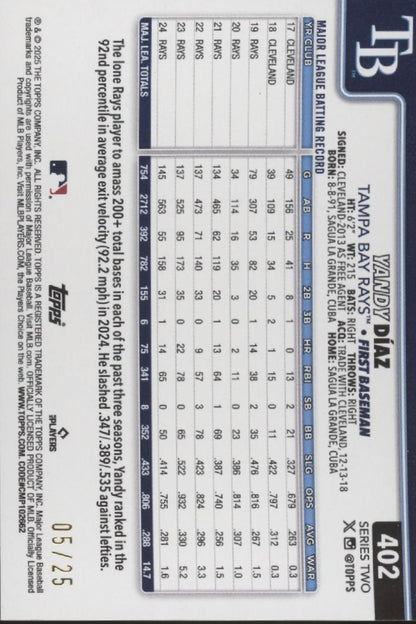 Yandy Diaz 2025 Topps Series 2 Wooden Card 05/25 #402