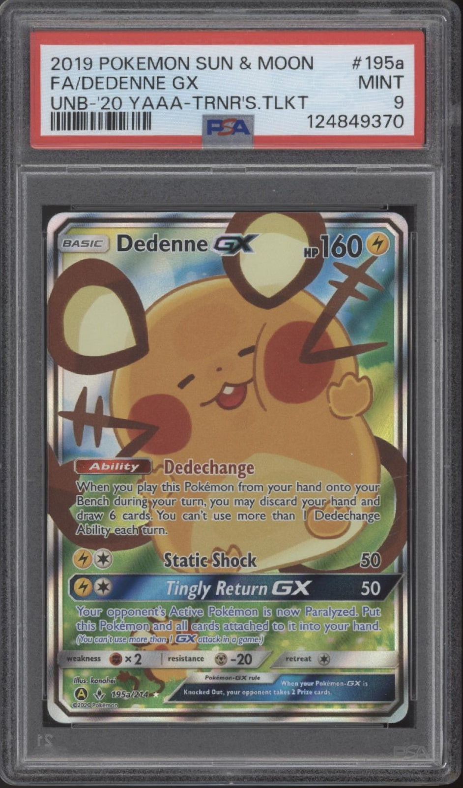 Dedenne GX Pokemon Unbroken Bonds 2020 Trainer's Toolkit Full Art #195a PSA 9
