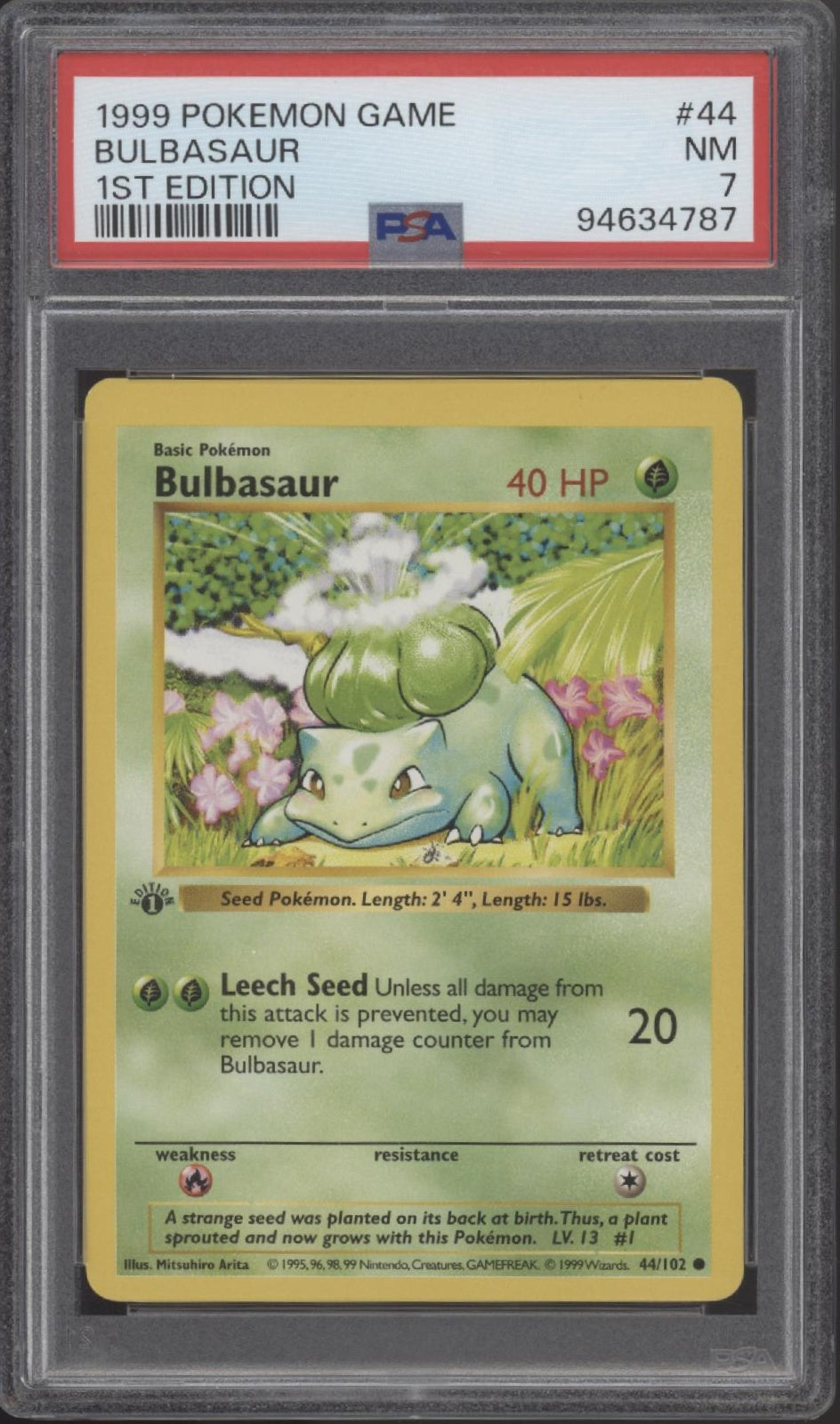 Bulbasaur Pokemon Base Set 1st Edition #44 PSA 7