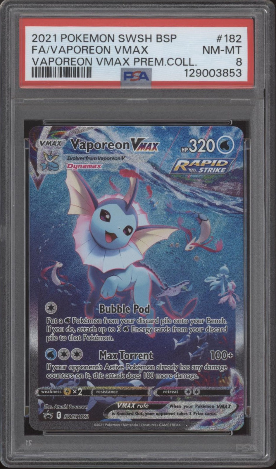 Vaporeon VMAX Pokemon Vaporeon VMAX Premium Collection Full Art #182 PSA 8