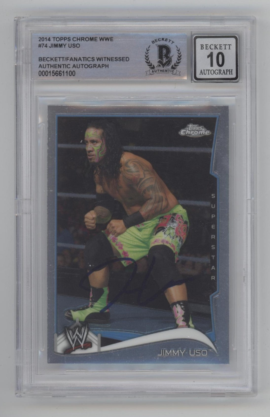 Jimmy Uso 2014 Topps Chrome #74 with Beckett Witnessed Auto 10