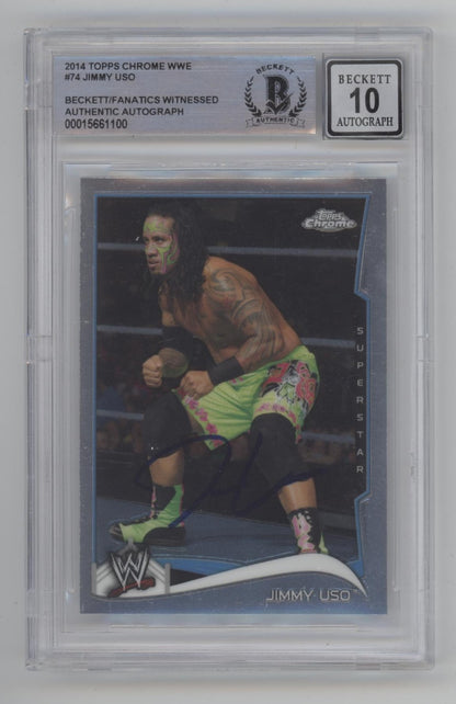 Jimmy Uso 2014 Topps Chrome #74 with Beckett Witnessed Auto 10