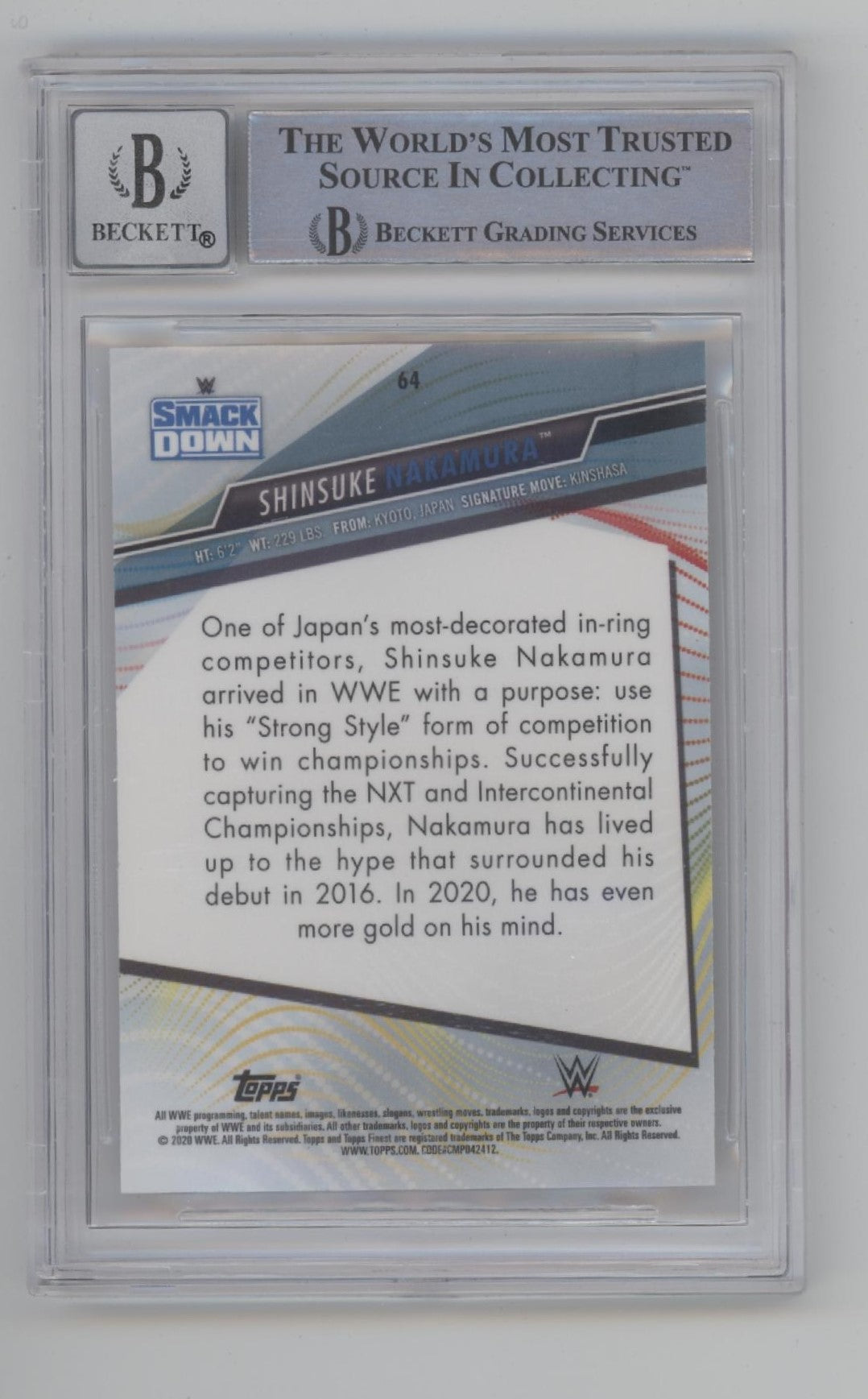 Shinsuke 2020 Topps Finest #64 with Beckett Witnessed Auto 10