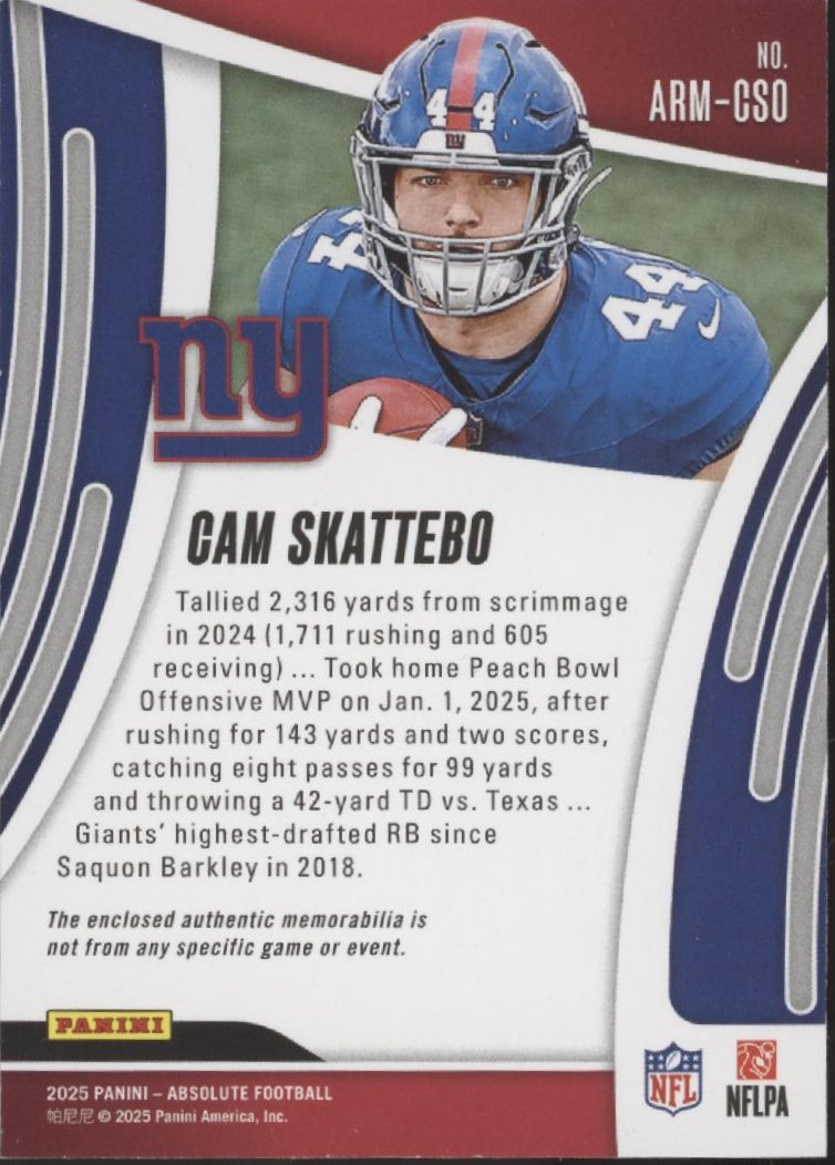 Cam Skattebo 2025 Panini Absolute Swatch RC #ARM-CSO