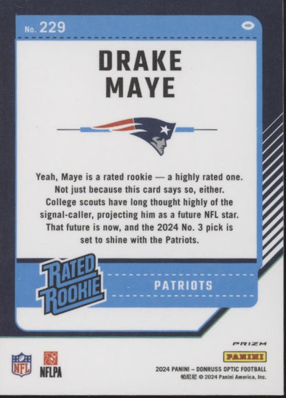 Drake Maye 2024 Panini Donruss Optic Rated Rookie Purple Shock Prizm RC #229