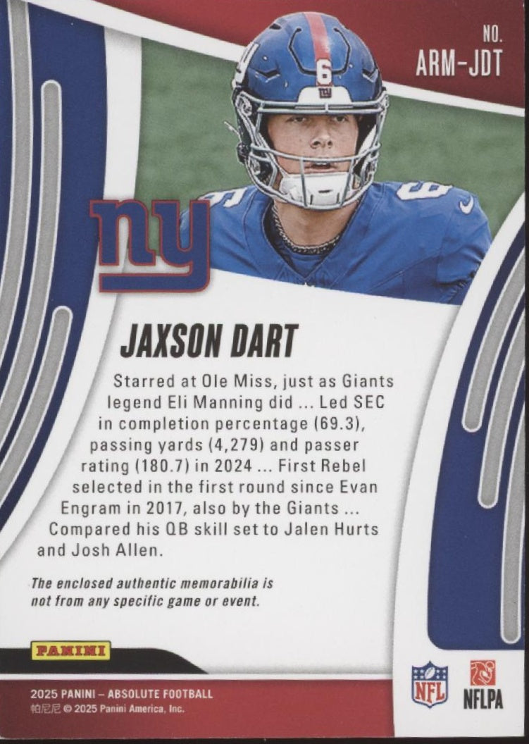 Jaxson Dart 2025 Panini Absolute Swatch RC #ARM-JDT #1