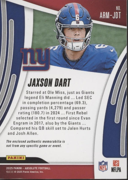 Jaxson Dart 2025 Panini Absolute Swatch RC #ARM-JDT #2