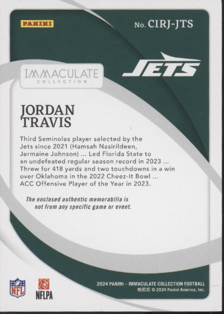Jordan Travis 2024 Panini Immaculate Collection Clearly Gold Swatch RC 84/99