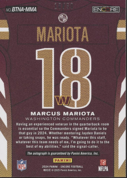 Marcus Mariota 2024 Panini Encore Pinnacle By the Numbers Red Auto 18/50