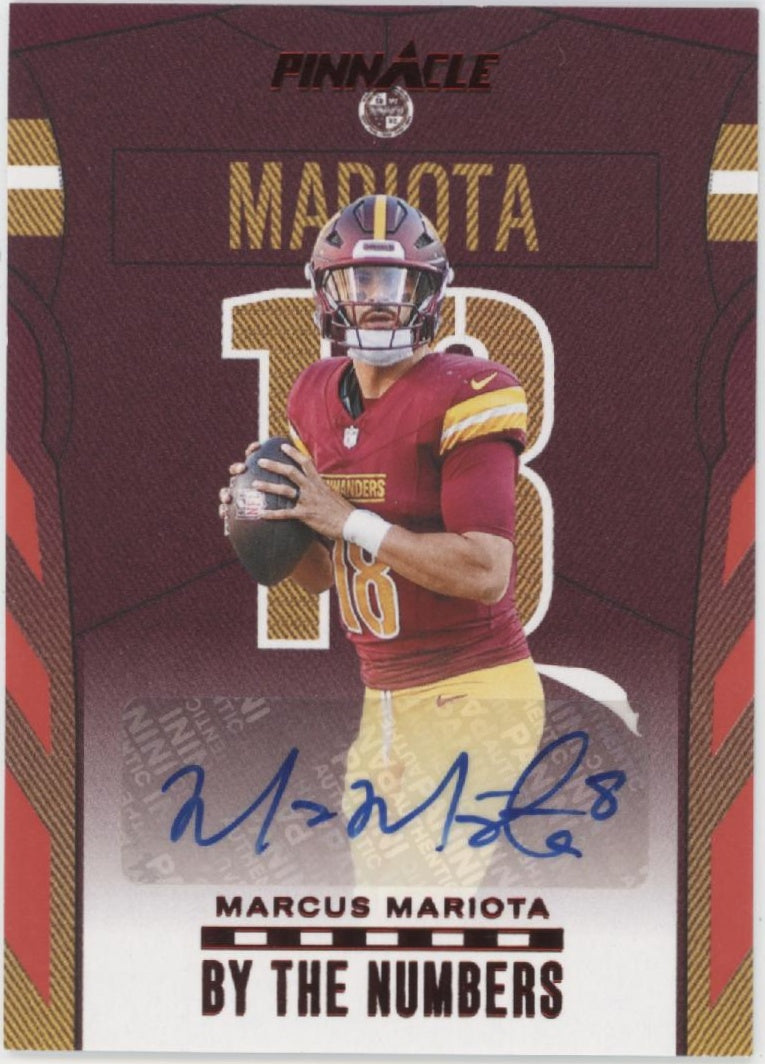 Marcus Mariota 2024 Panini Encore Pinnacle By the Numbers Red Auto 18/50