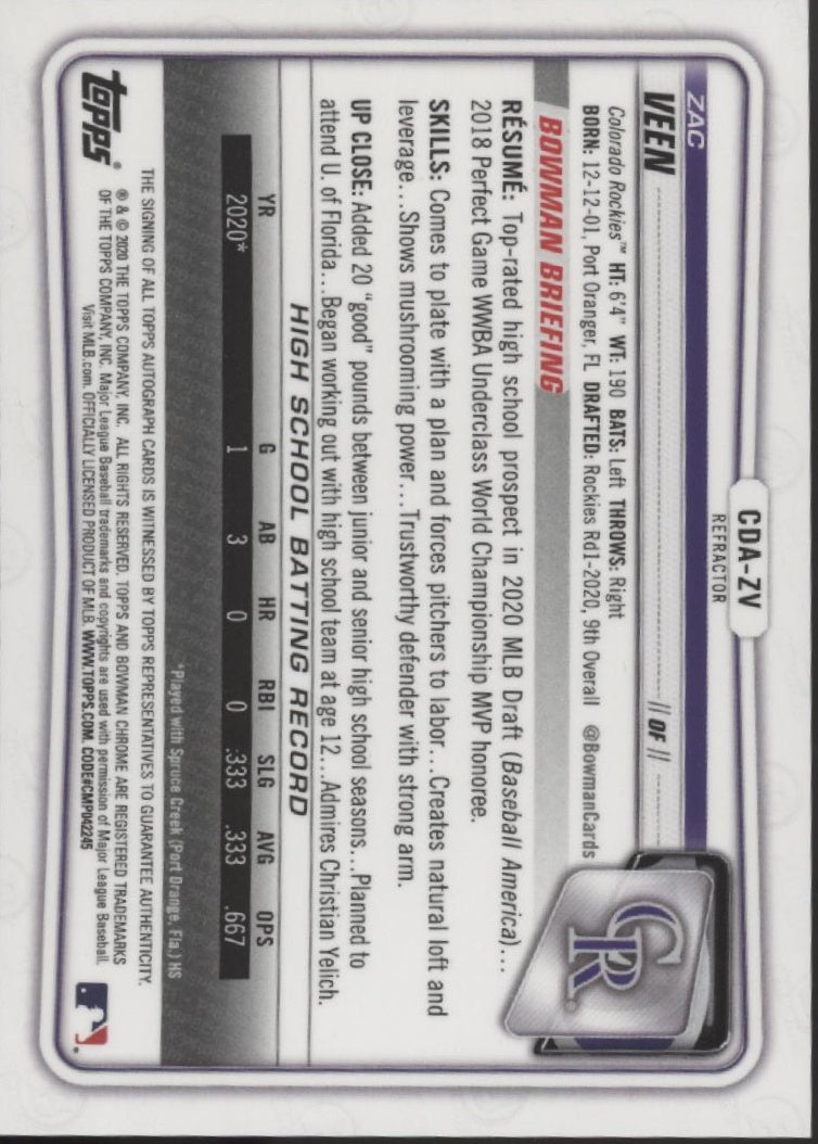 Zac Veen 2020 Bowman Chrome Prospects Refractor Auto 497/499 #CDA-ZV