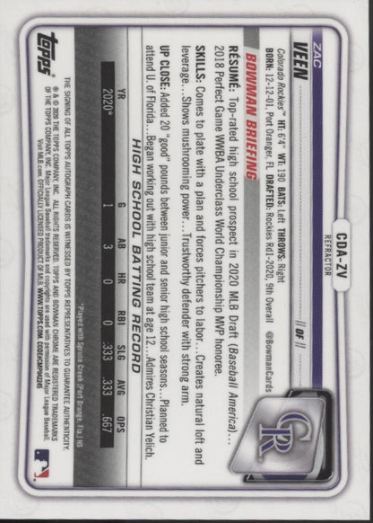 Zac Veen 2020 Bowman Chrome Prospects Refractor Auto 497/499 #CDA-ZV