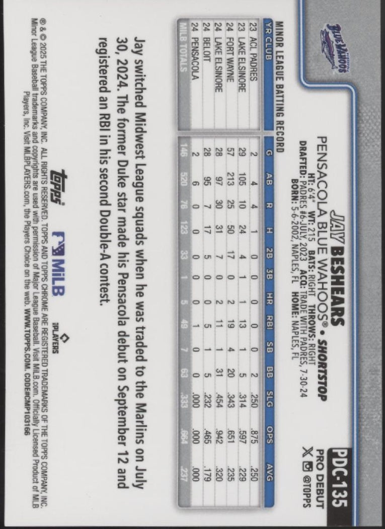 Jay Beshears 2025 Topps Chrome Pro Debut Black Wave Refractor 04/10 #PDC-135