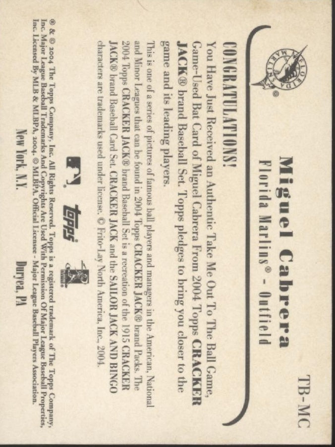 Miguel Cabrera 2004 Topps Cracker Jack Take Me Out to the Ball Game Bat Relic