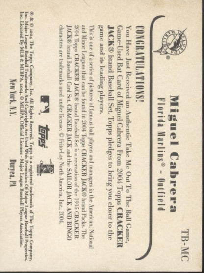 Miguel Cabrera 2004 Topps Cracker Jack Take Me Out to the Ball Game Bat Relic