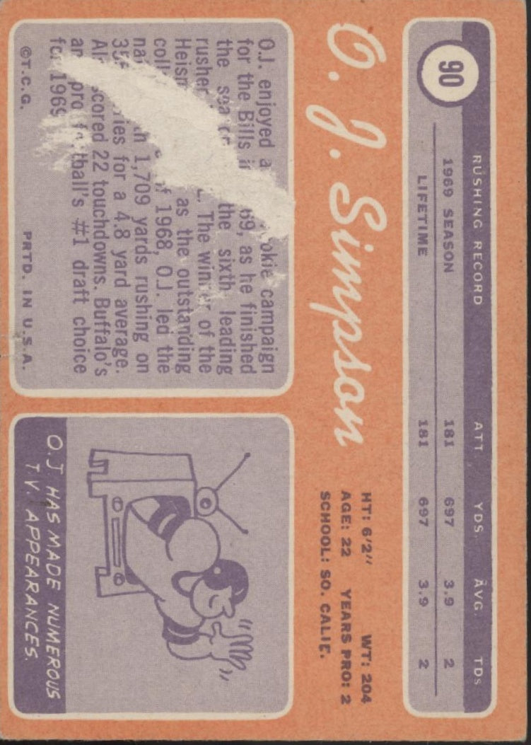 OJ Simpson 1970 Topps RC #90 Buffalo Bills VG