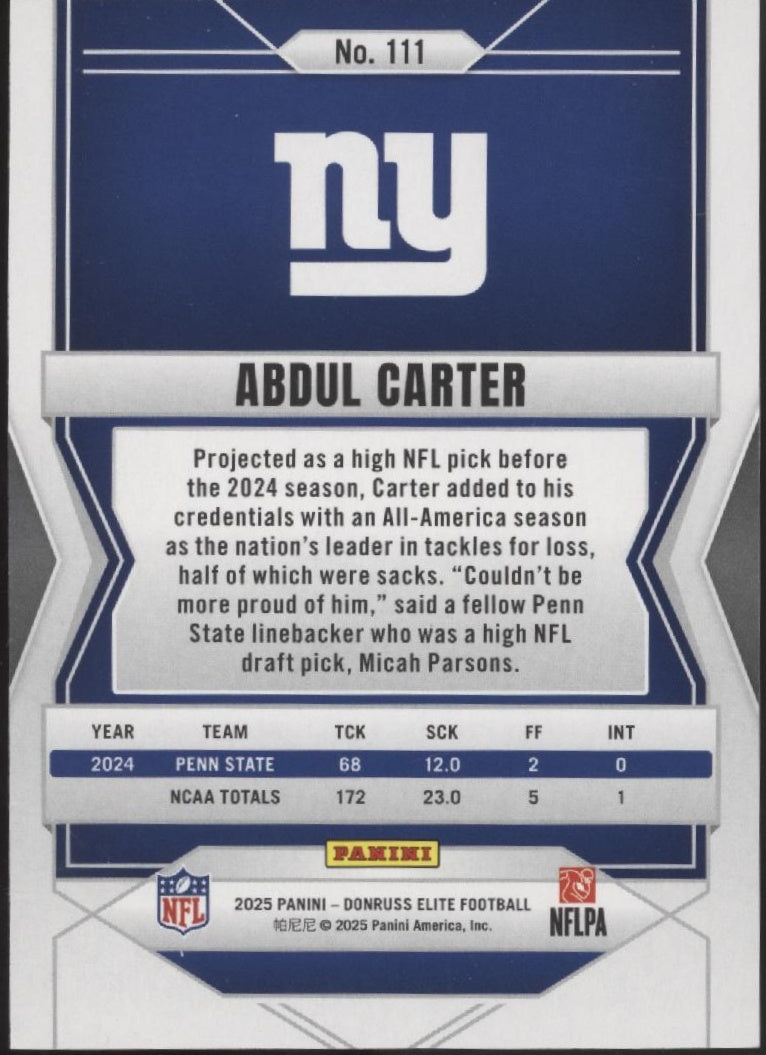 Abdul Carter 2025 Panini Donruss Elite Orange RC 050/199 #111
