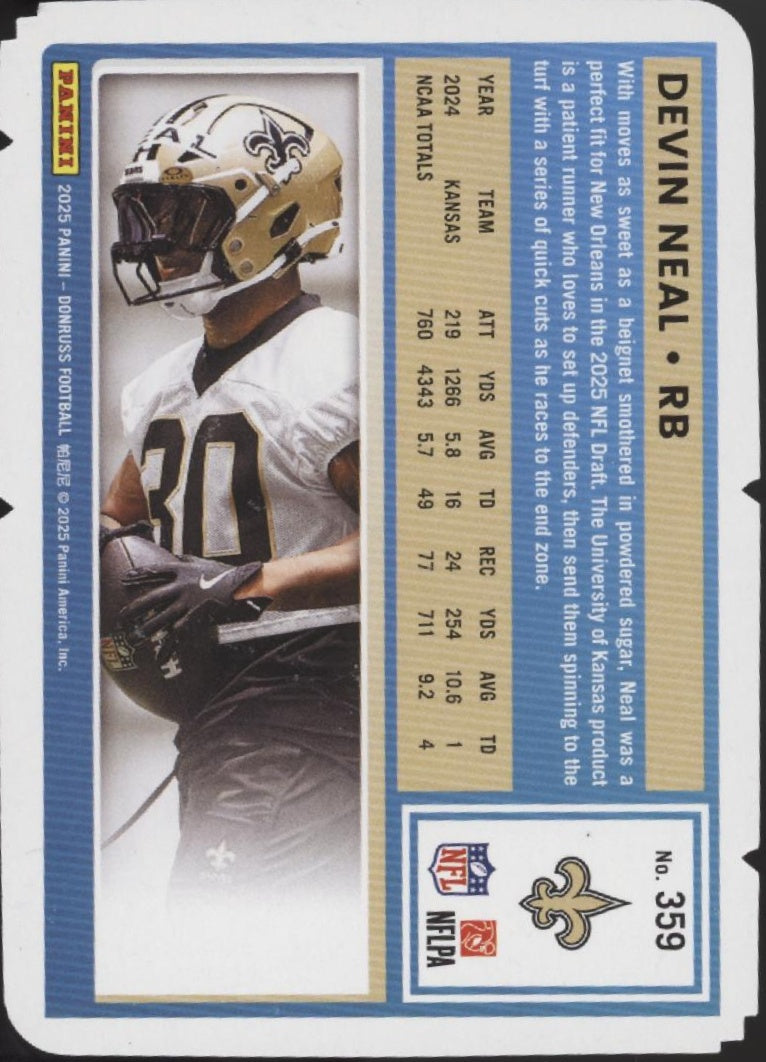 Devin Neal 2025 Panini Donruss Rated Rookie Press Proof Holo Die-Cut RC 83/99