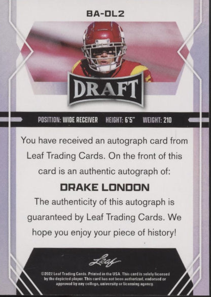 Drake London 2022 Leaf Draft Blue RC Auto #BA-DL2
