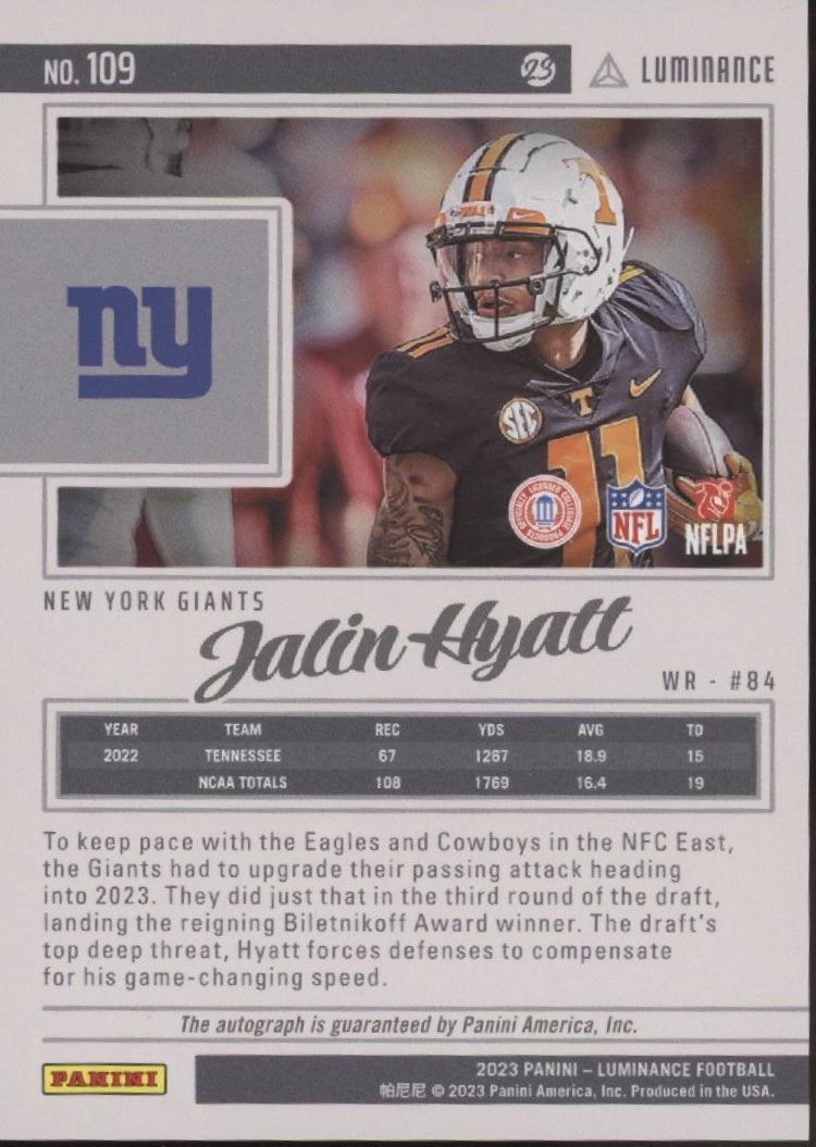 Jalin Hyatt 2023 Panini Luminance RC Auto 022//100 #109