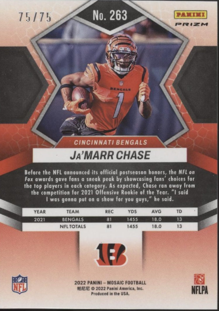Ja'Marr Chase 2022 Panini Mosaic Blue No Huddle Prizm 75/75 #263