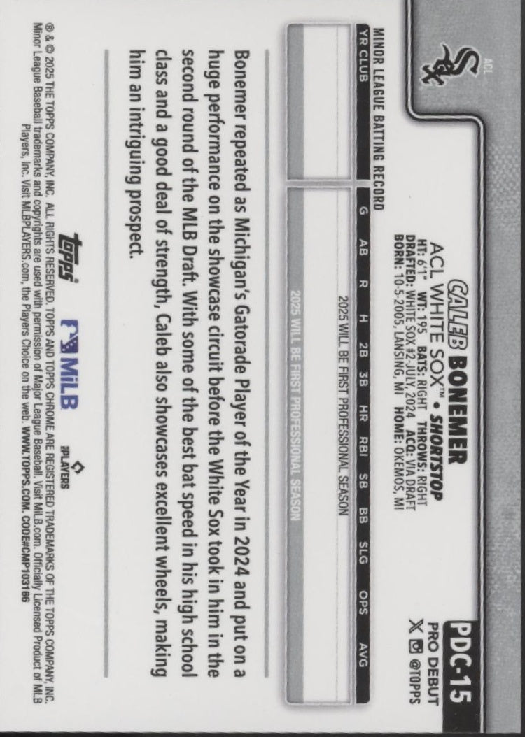 Caleb Bonemer 2025 Topps Chrome Pro Debut Gold Refractor 50/50 #PDC-15