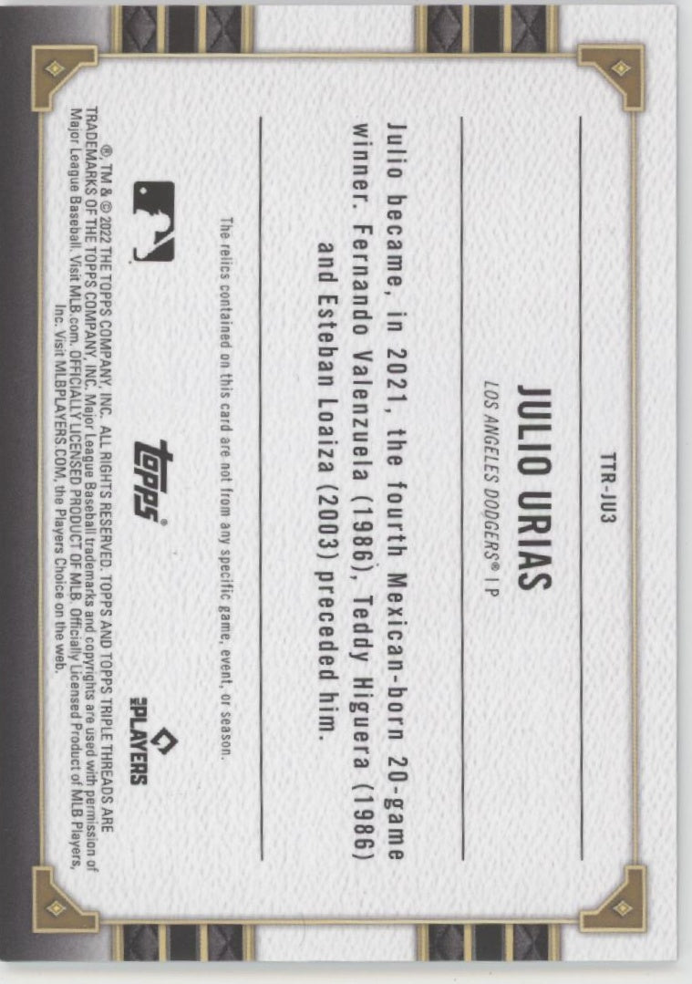 Julio Urias 2022 Topps Triple Threads Purple Swatch 16/27 #TTR-JU3