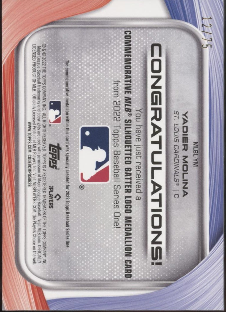 Yadier Molina 2022 Topps Series 1 Commemorative Silhouetted Logo Medallion 12/75