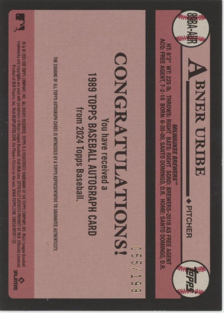 Abner Uribe 2024 Topps 35th Anniversary '89 Black Border RC Auto 055/199