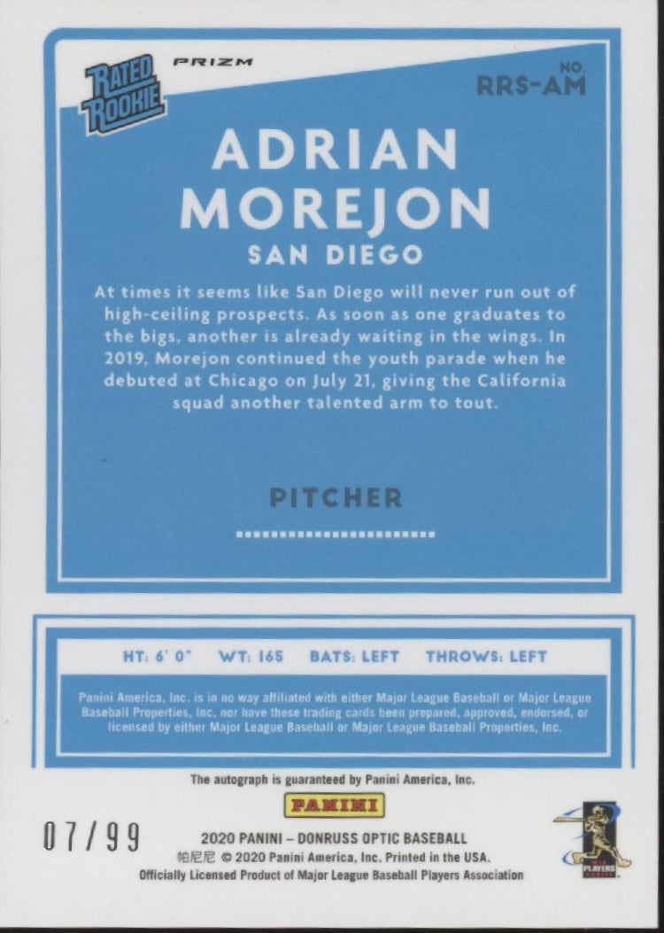 Adrian Morejon 2020 Donruss Optic Rated Rookie Green Mojo Prizm RC Auto 07/99